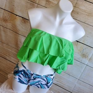 💘 Tempt Me Green Palm Print Ruffle High Waist Off Shoulder Bikini L